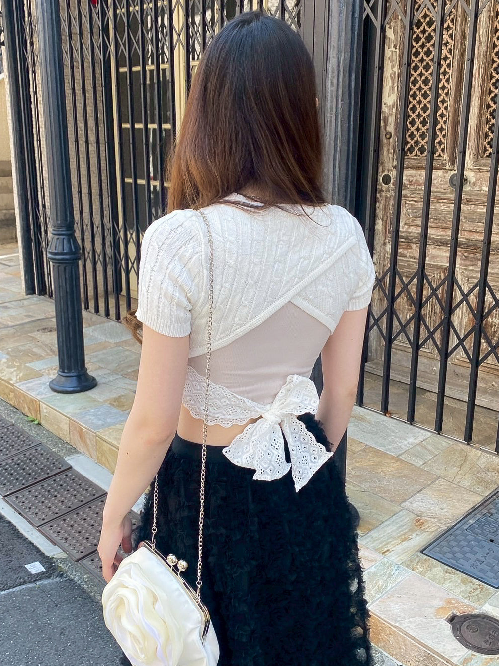バックリボン半袖ニット