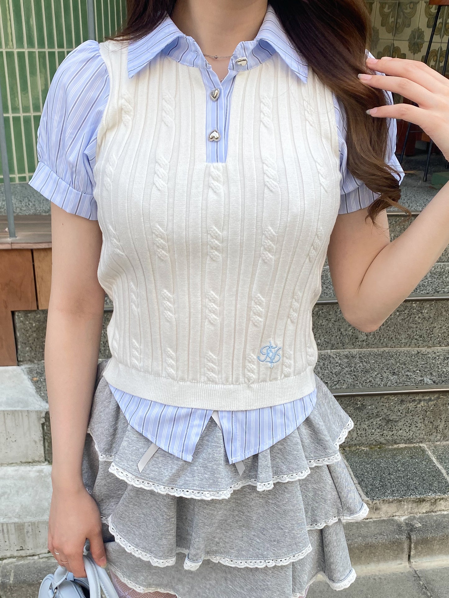 【Official限定価格】ストライプシャツドッキングニットポロ
