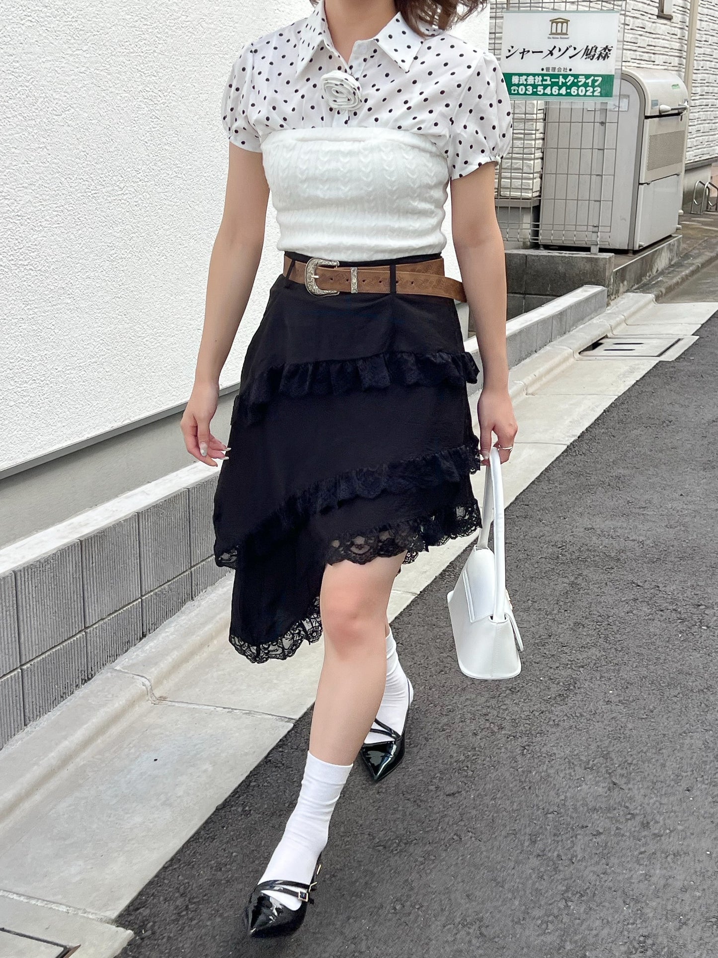 ビンテージ風ベルト付きアシメスカート