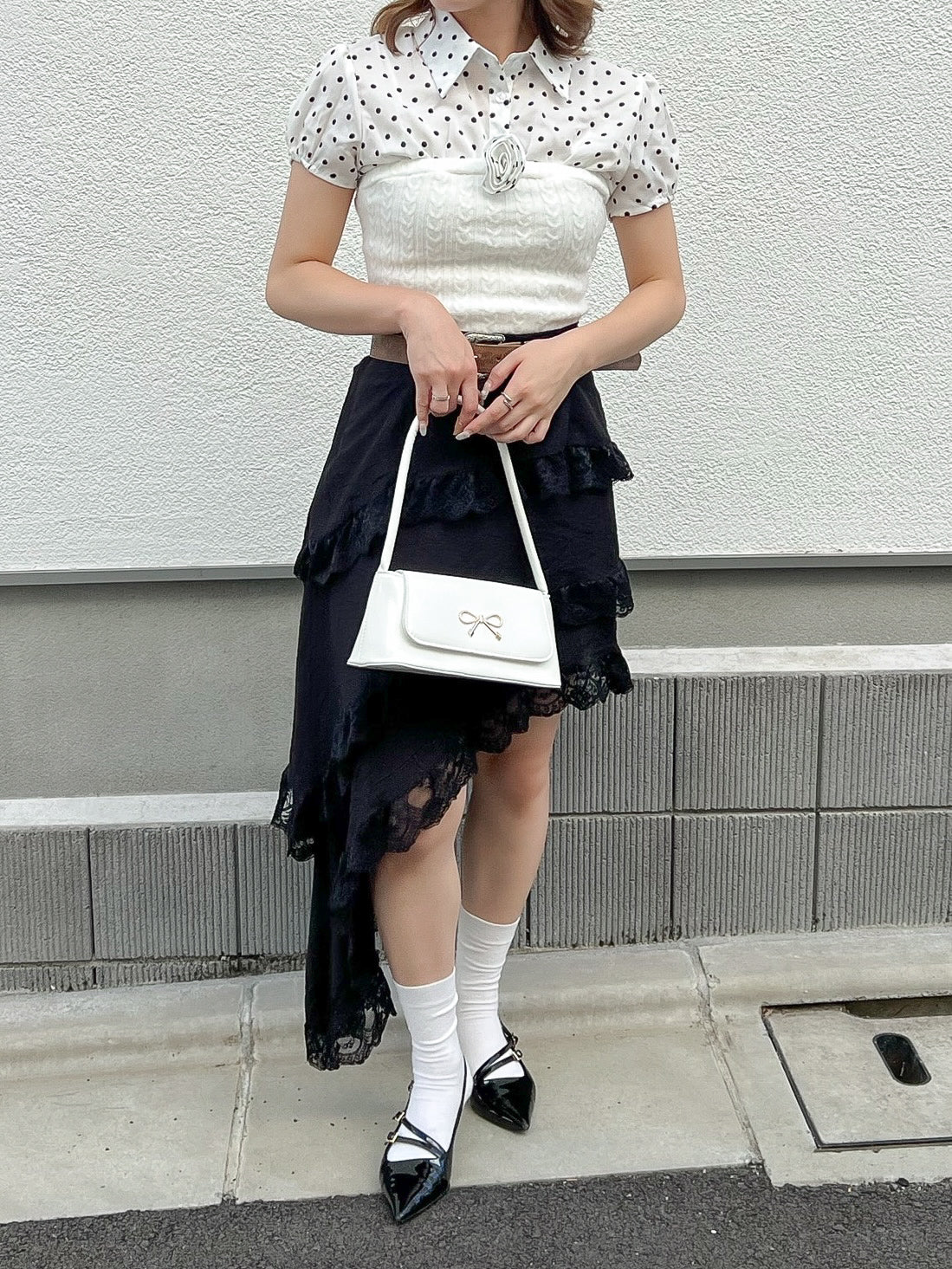 ビンテージ風ベルト付きアシメスカート