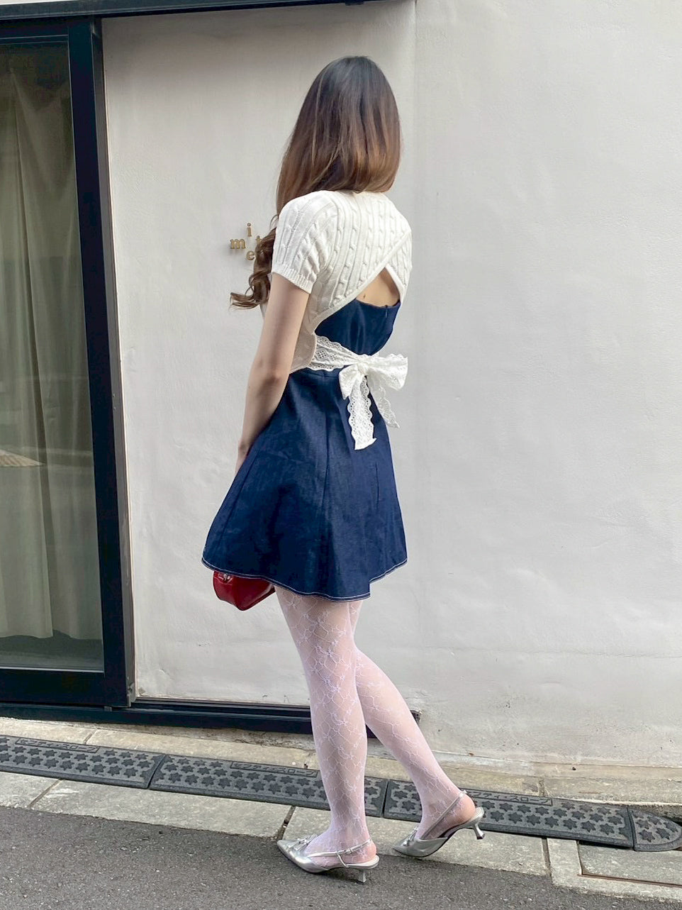 バックリボン半袖ニット