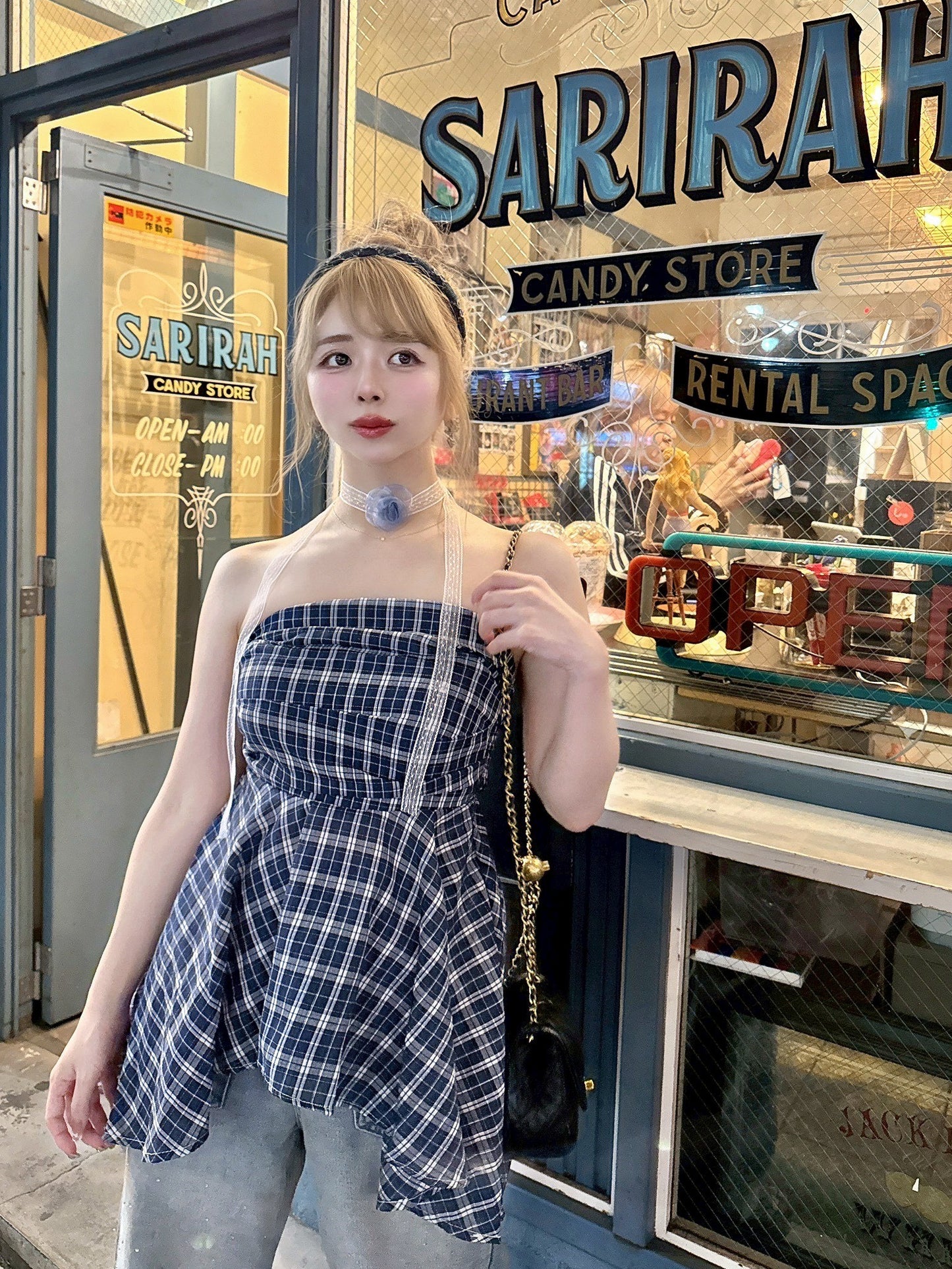 レースチョーカー付きチェックベアトップ