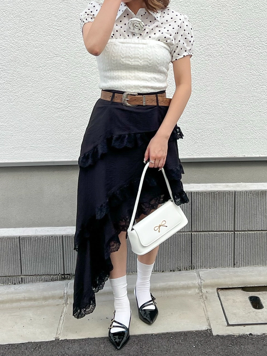 ビンテージ風ベルト付きアシメスカート