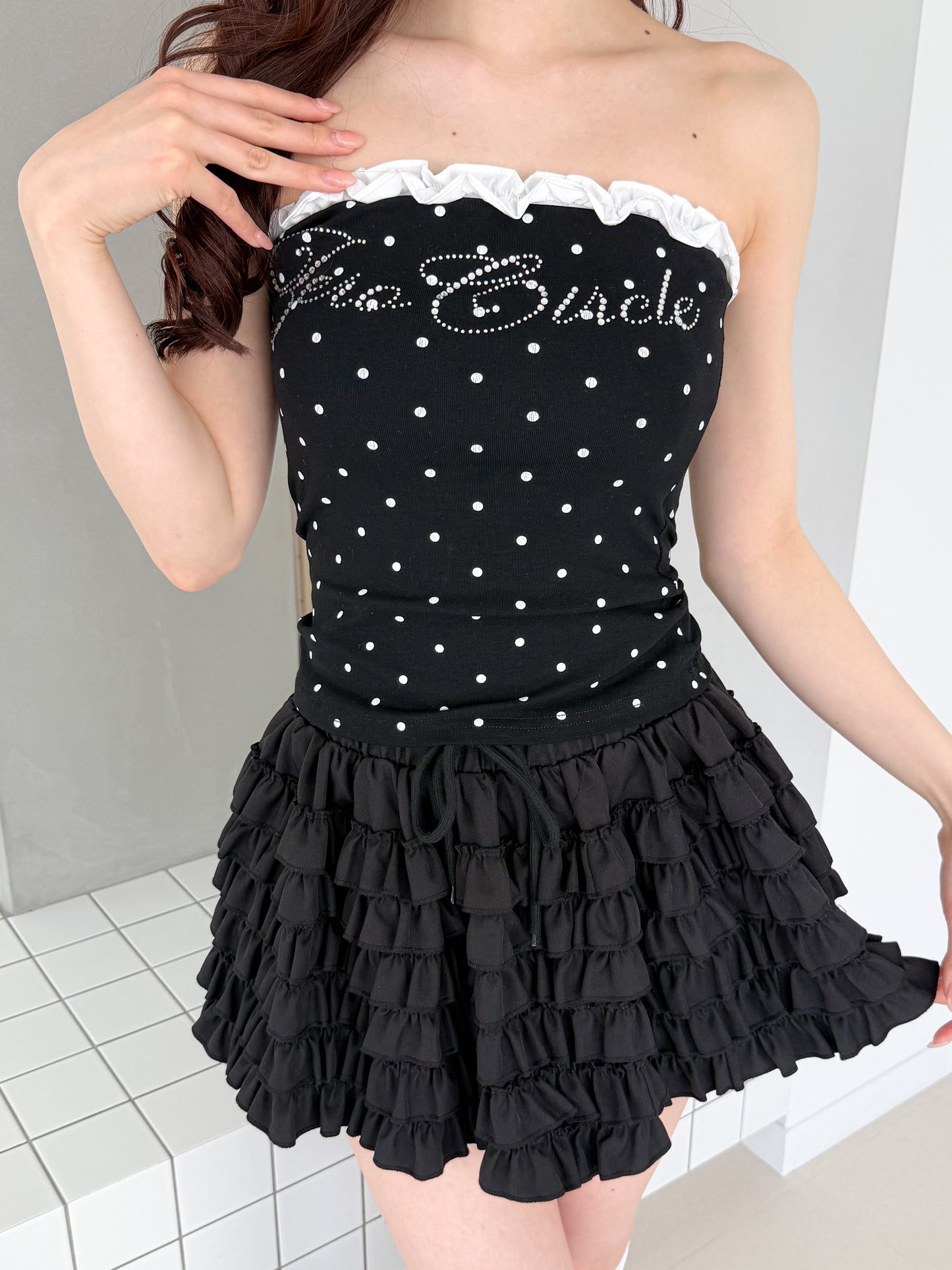 ラインストーンドットベアトップス