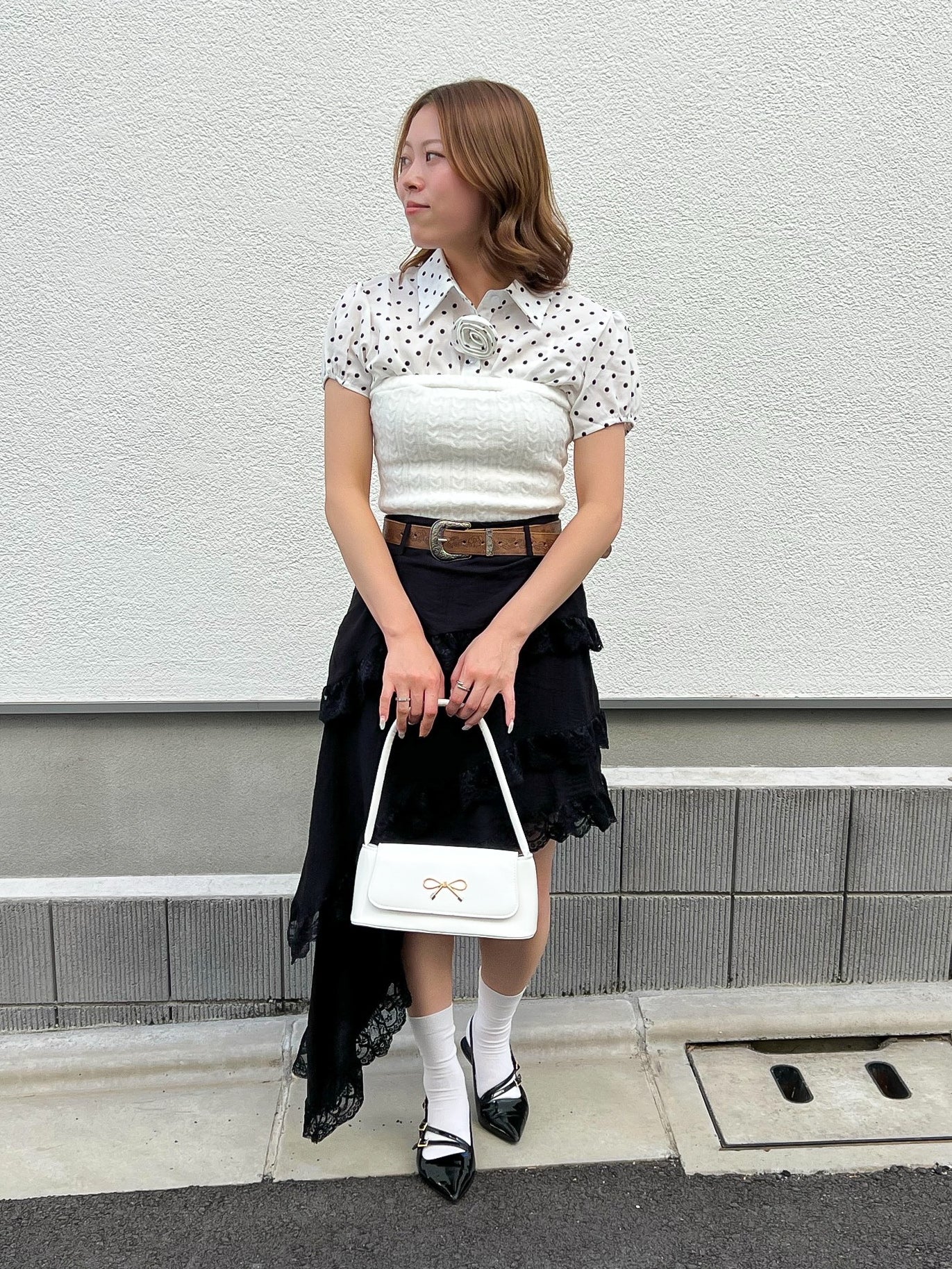 ビンテージ風ベルト付きアシメスカート