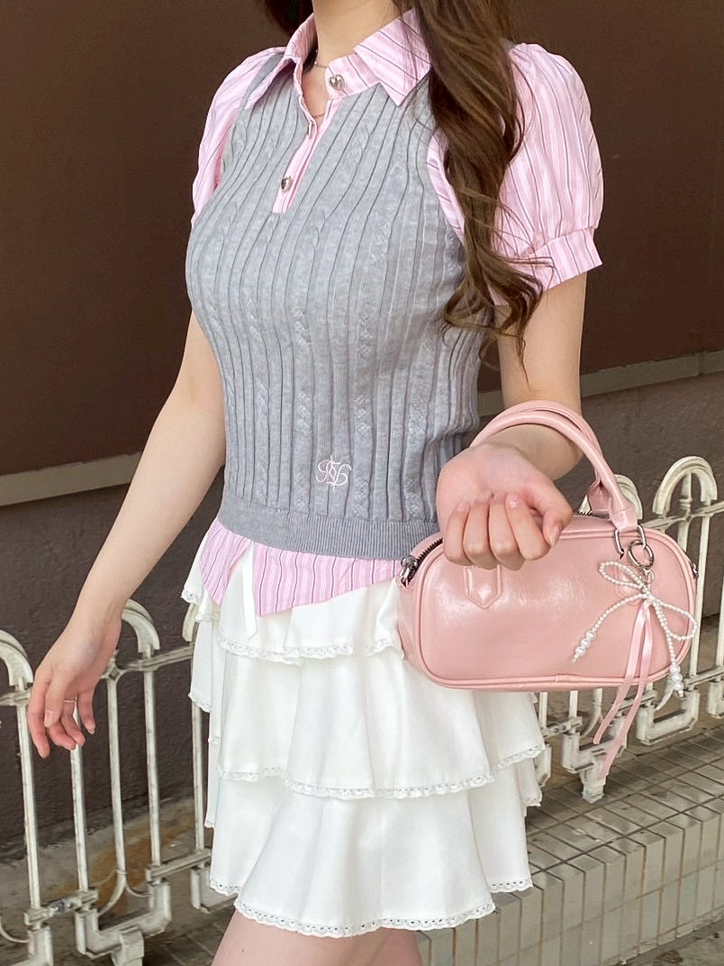 【Official限定価格】ストライプシャツドッキングニットポロ
