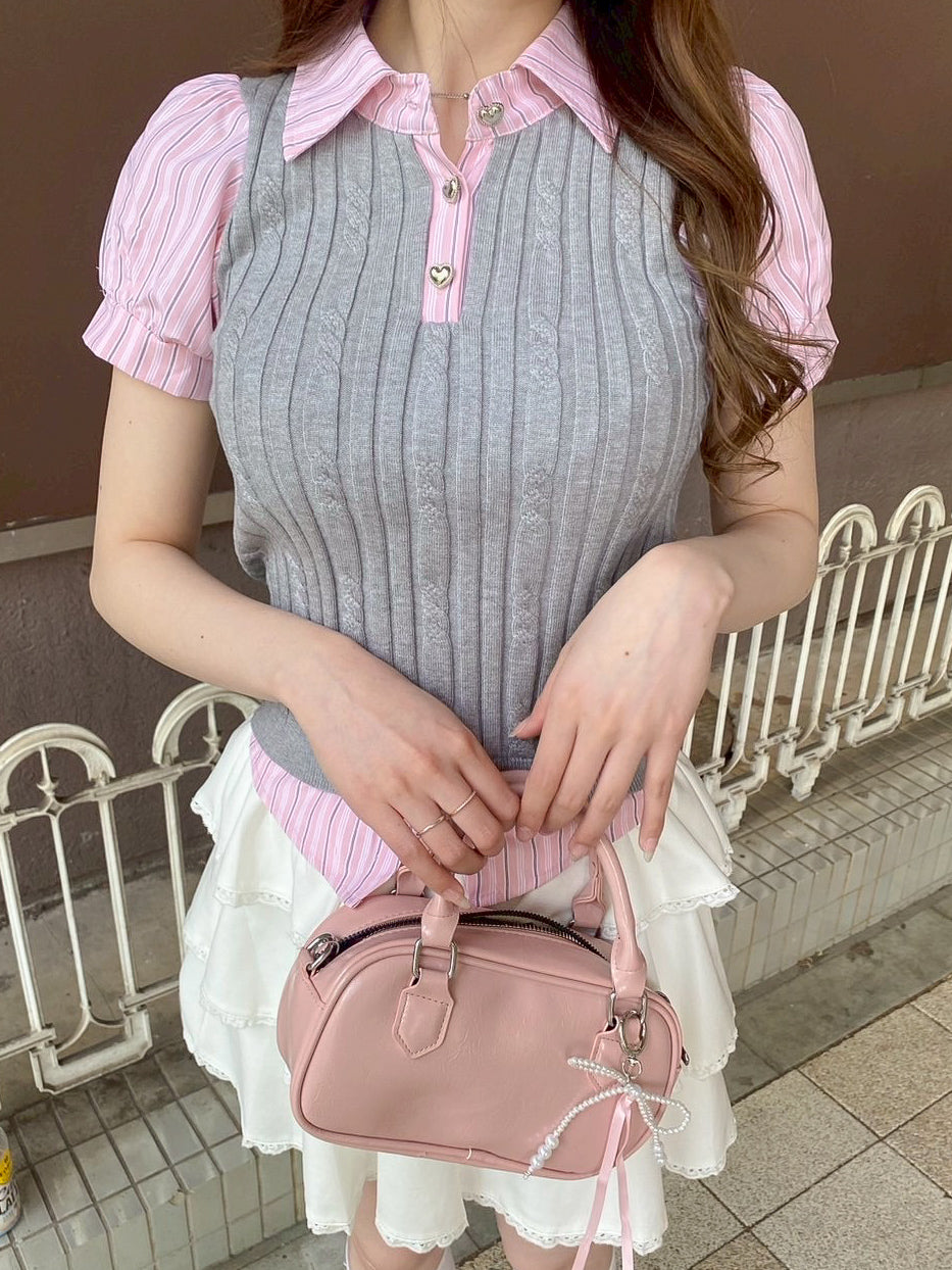 【Official限定価格】ストライプシャツドッキングニットポロ