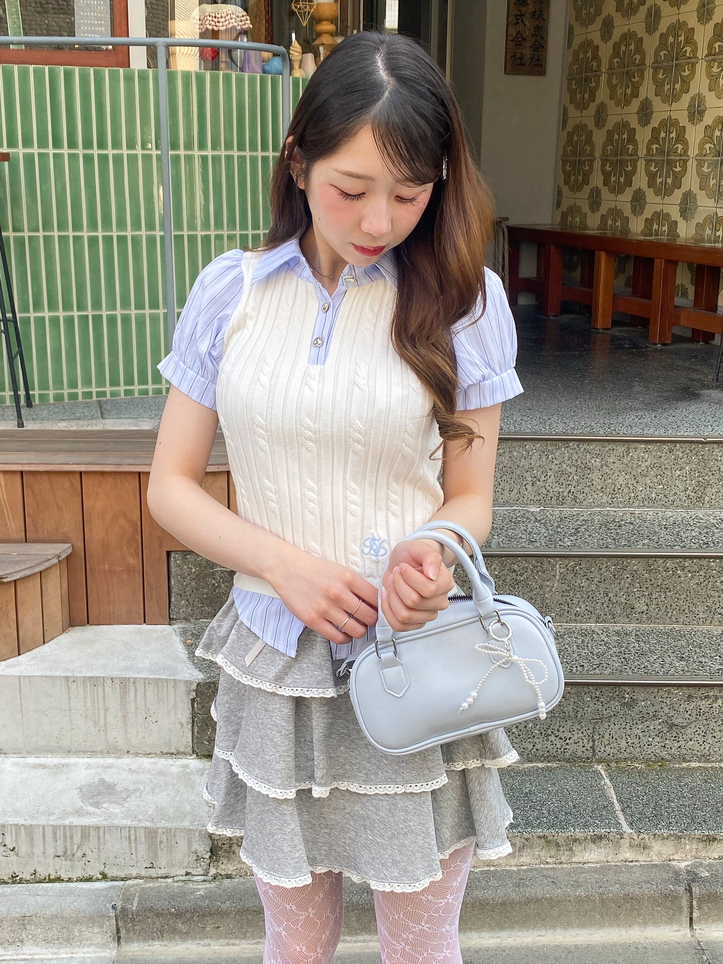 【Official限定価格】ストライプシャツドッキングニットポロ