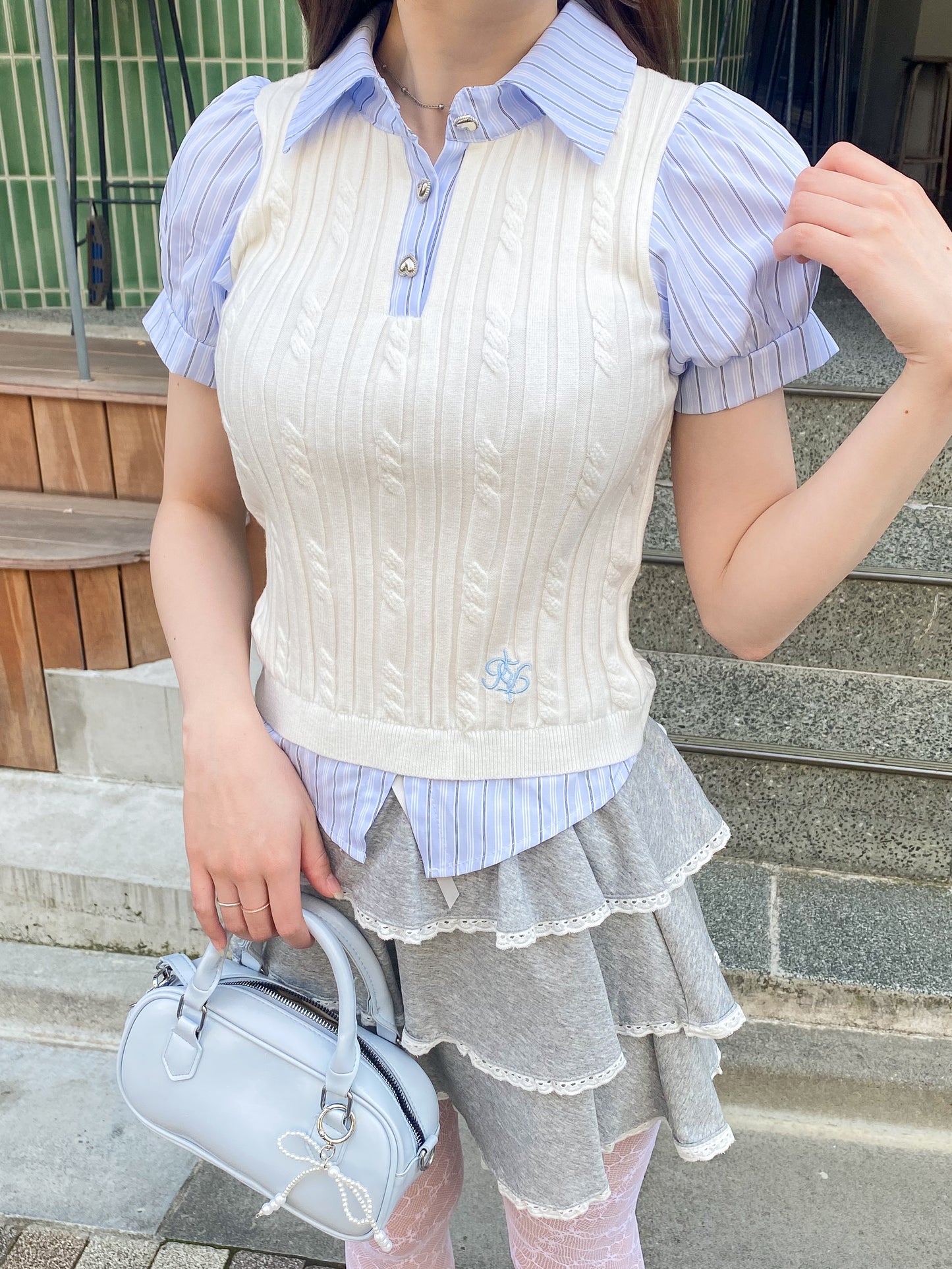 【Official限定価格】ストライプシャツドッキングニットポロ