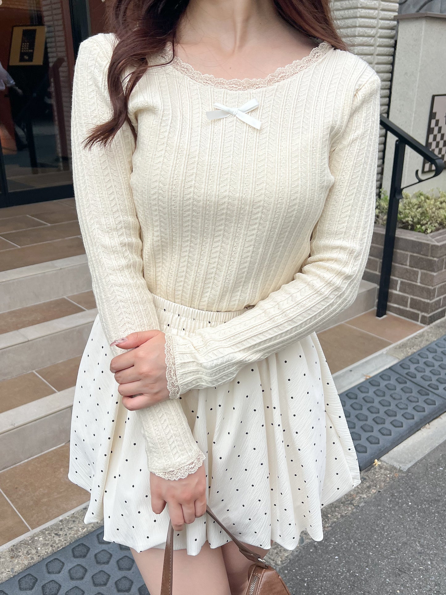 リボン付きレースリブニット