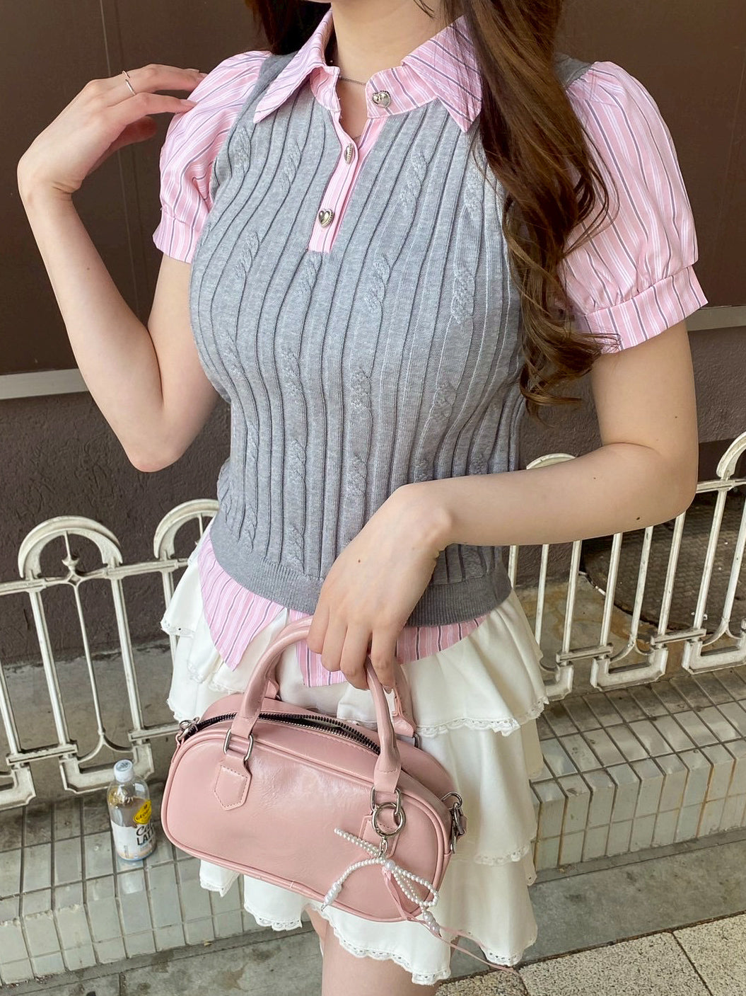 【Official限定価格】ストライプシャツドッキングニットポロ