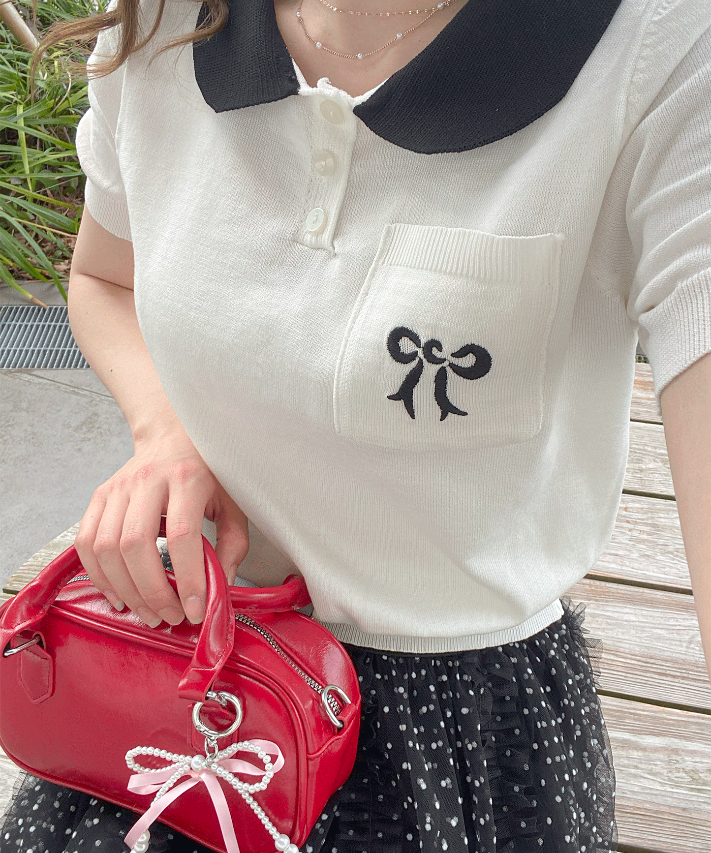 リボン刺繡襟付半袖ニット