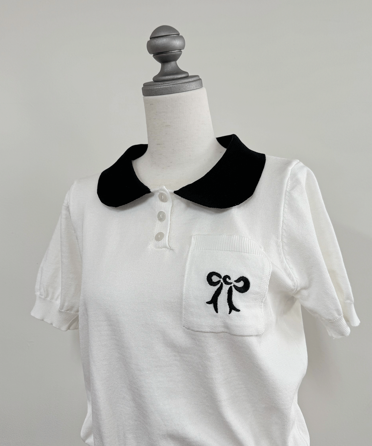 リボン刺繡襟付半袖ニット