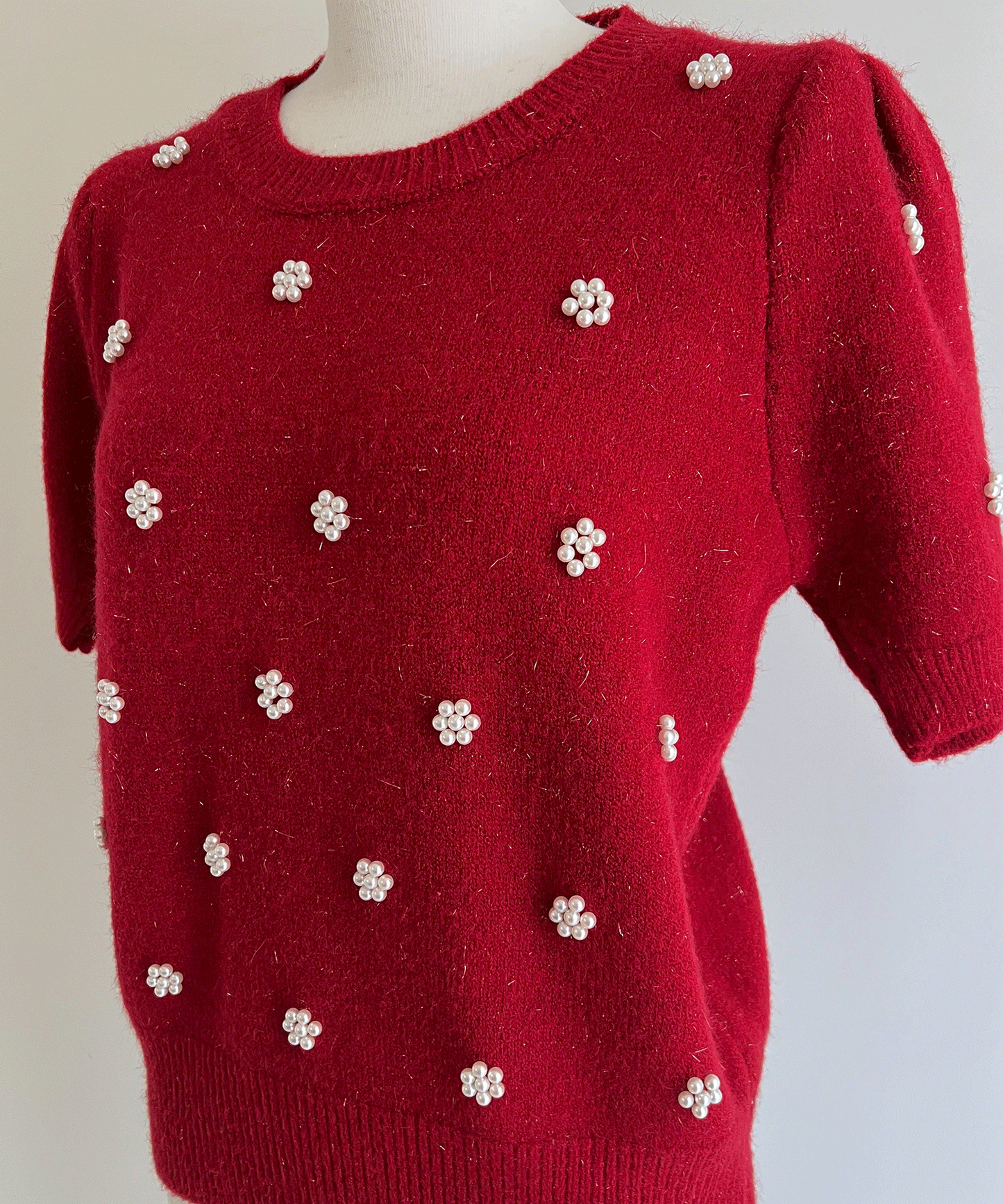 ラメ入りパール半袖ニット(アームカバー付き)