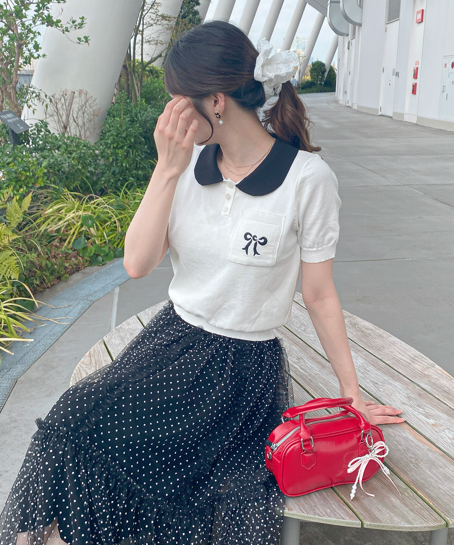 リボン刺繡襟付半袖ニット