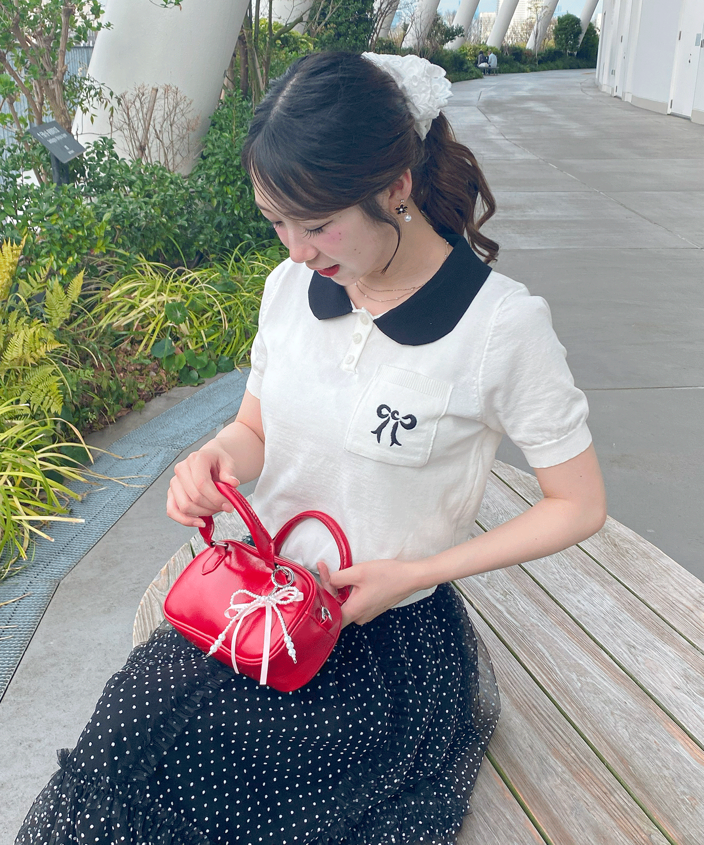 リボン刺繡襟付半袖ニット