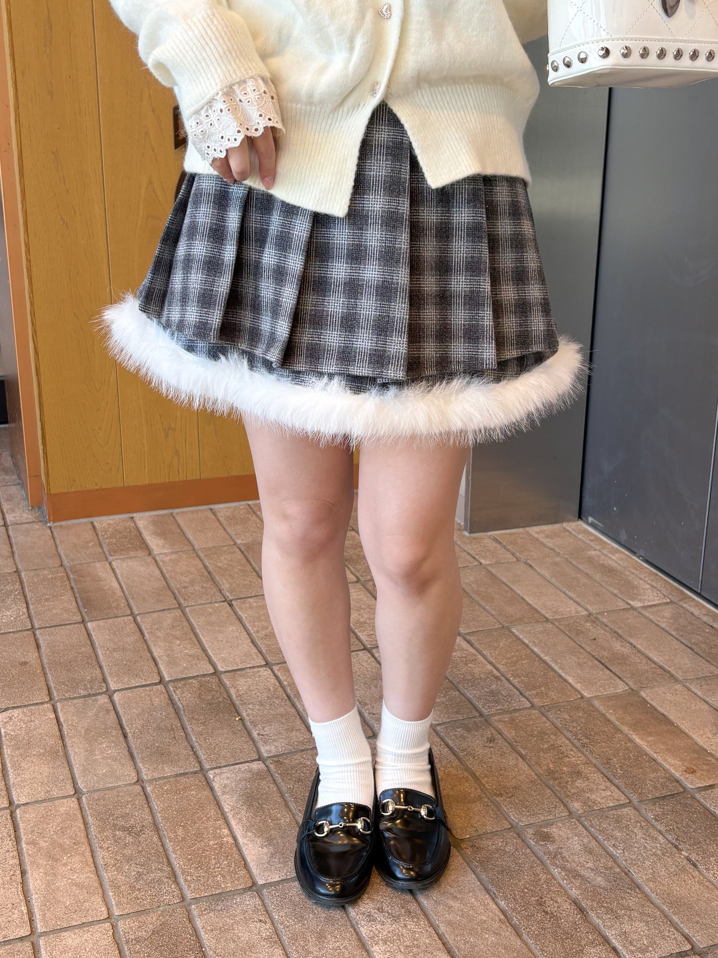 【Official限定価格】ファー付きチェックプリーツスカート