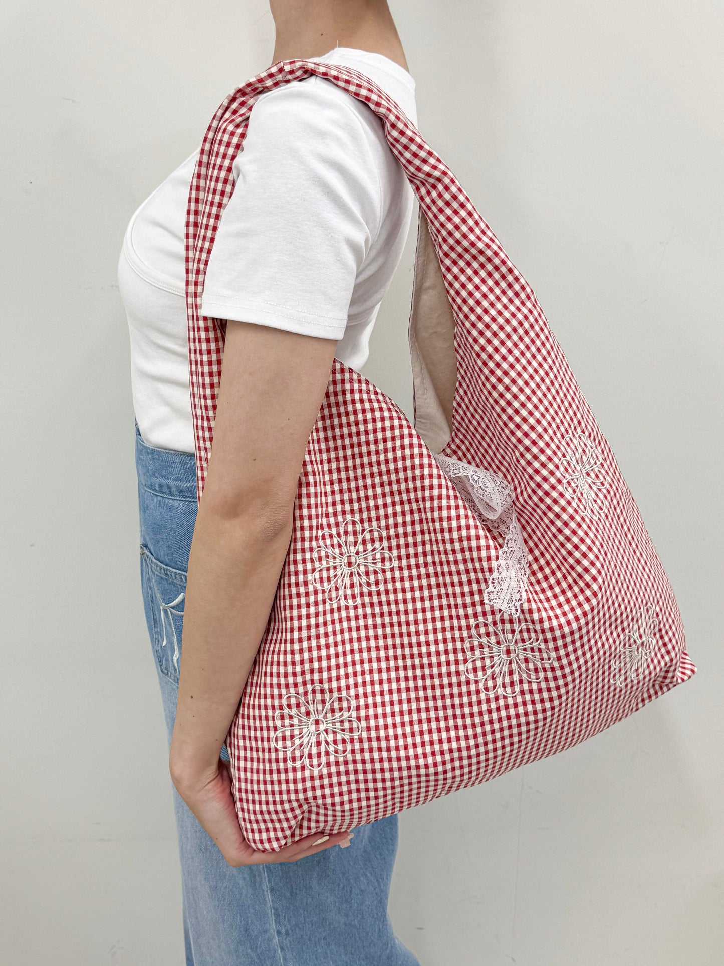 デイジー刺繡ギンガムチェックリボントート