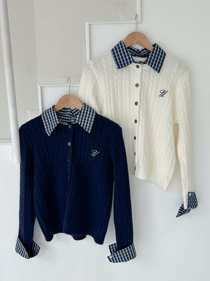【Official限定価格】チェック襟付きワンポイント刺繡ニット