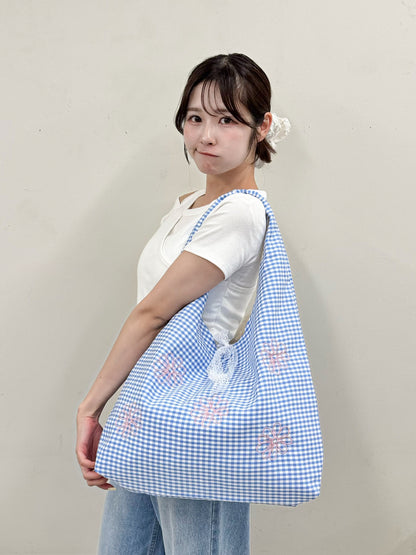 デイジー刺繡ギンガムチェックリボントート