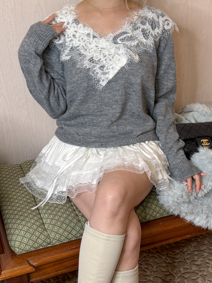 Vネックレースニット