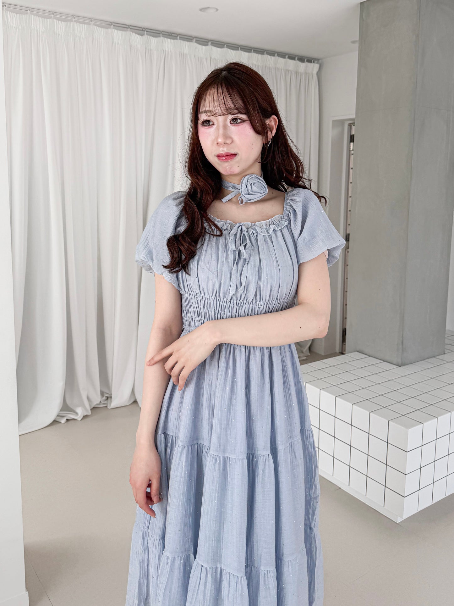 ラインストーンシフォンロングワンピース
