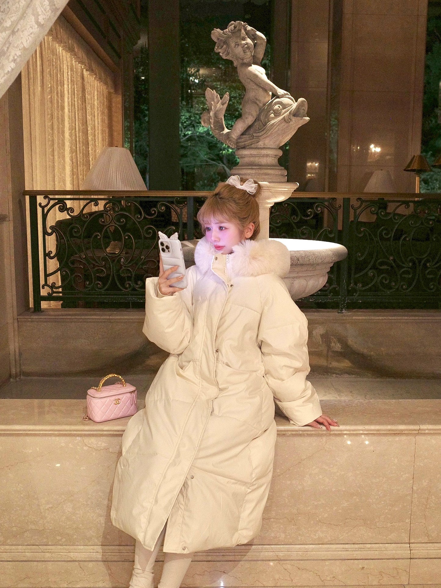 ファー付きロングパフコート