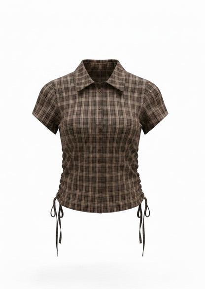 タータンチェックドロストブラウス