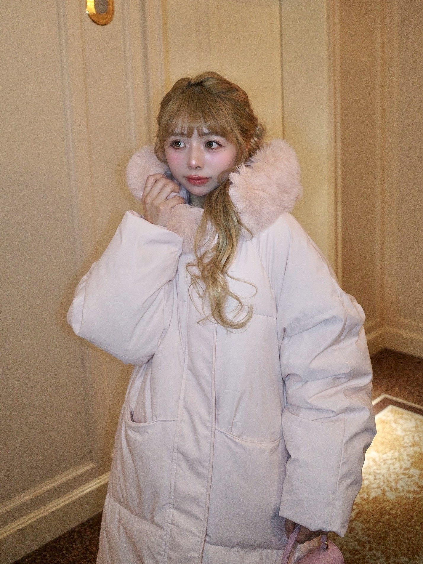 ファー付きロングパフコート