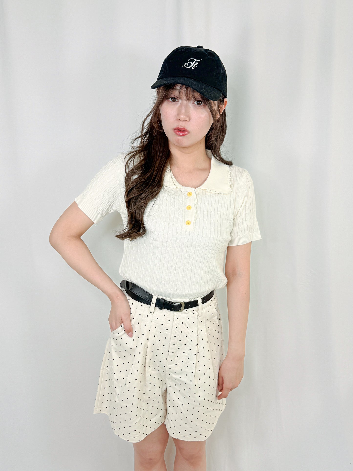 【Official限定価格】ベルト付きドットデニムハーフパンツ