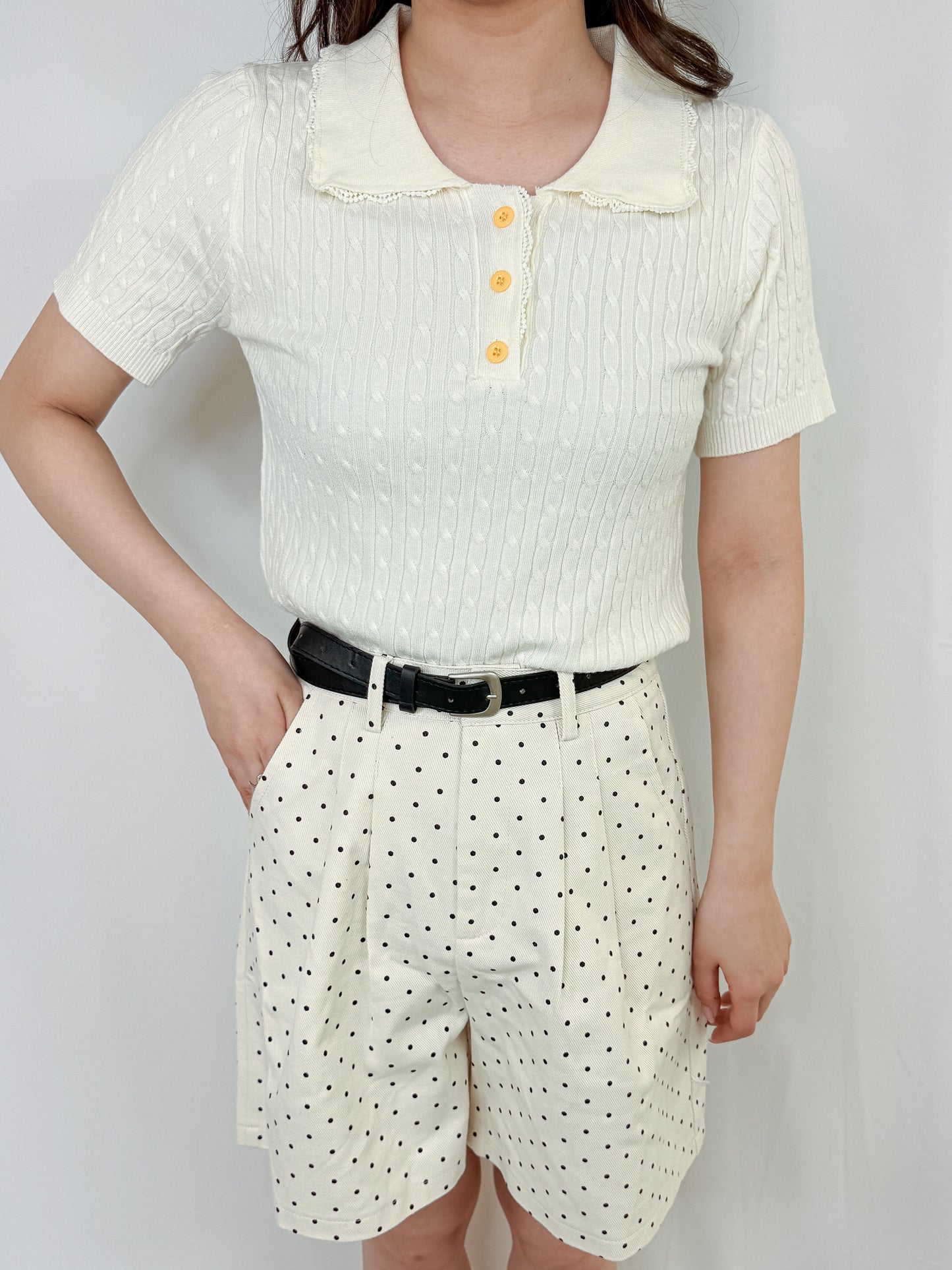 【Official限定価格】ベルト付きドットデニムハーフパンツ