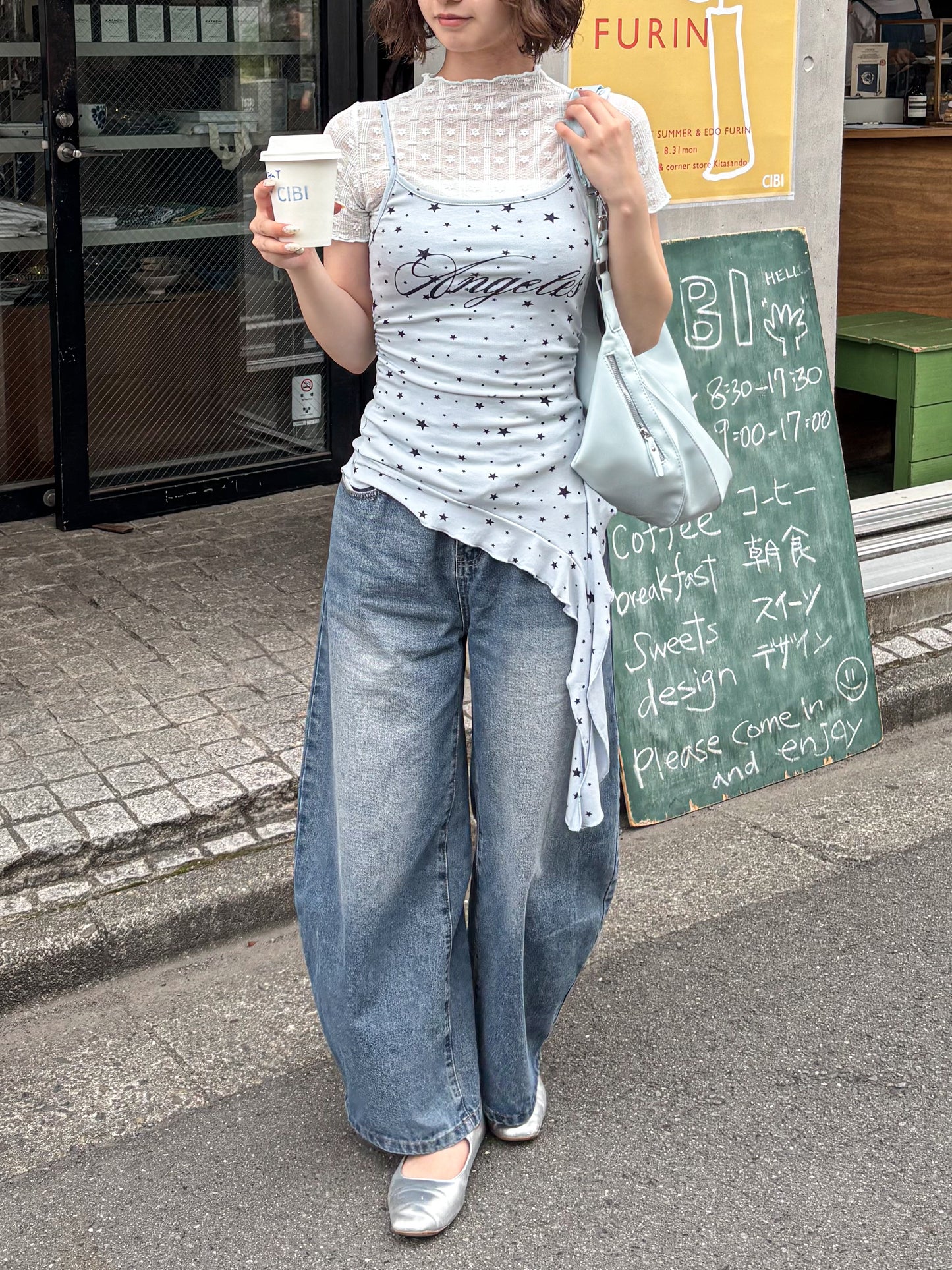 花柄シースルー半袖トップス