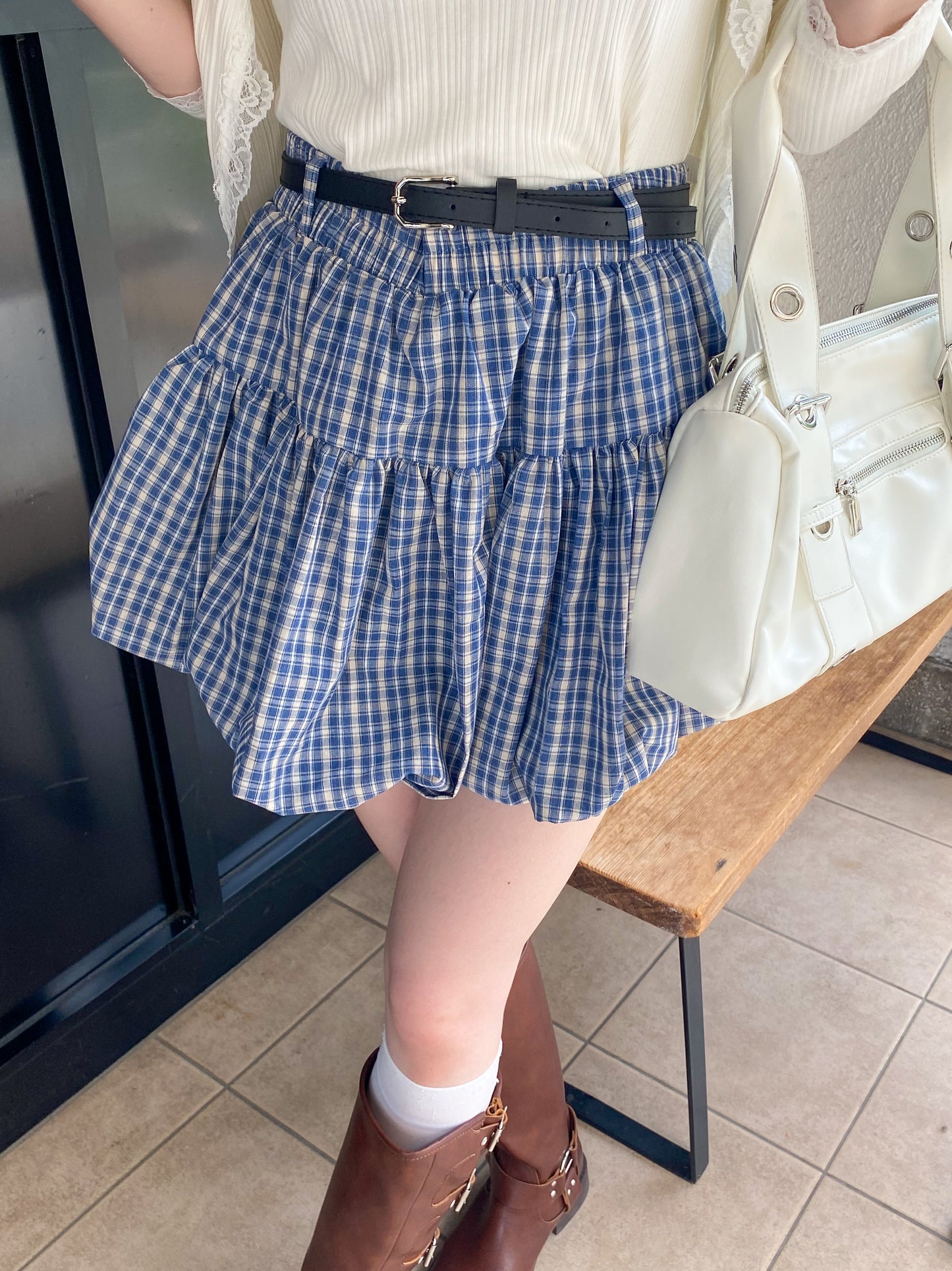 【Official限定価格】ベルト付きチェックバルーンスカート