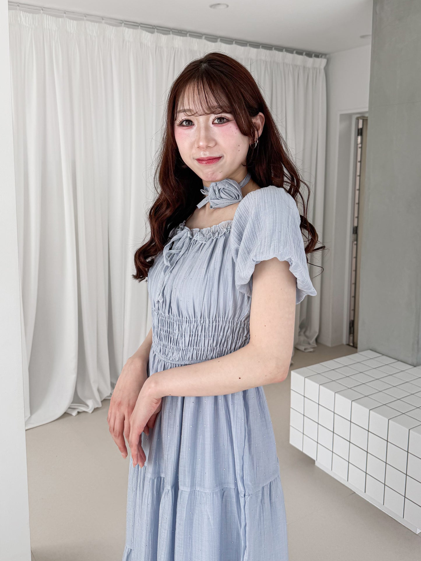 ラインストーンシフォンロングワンピース