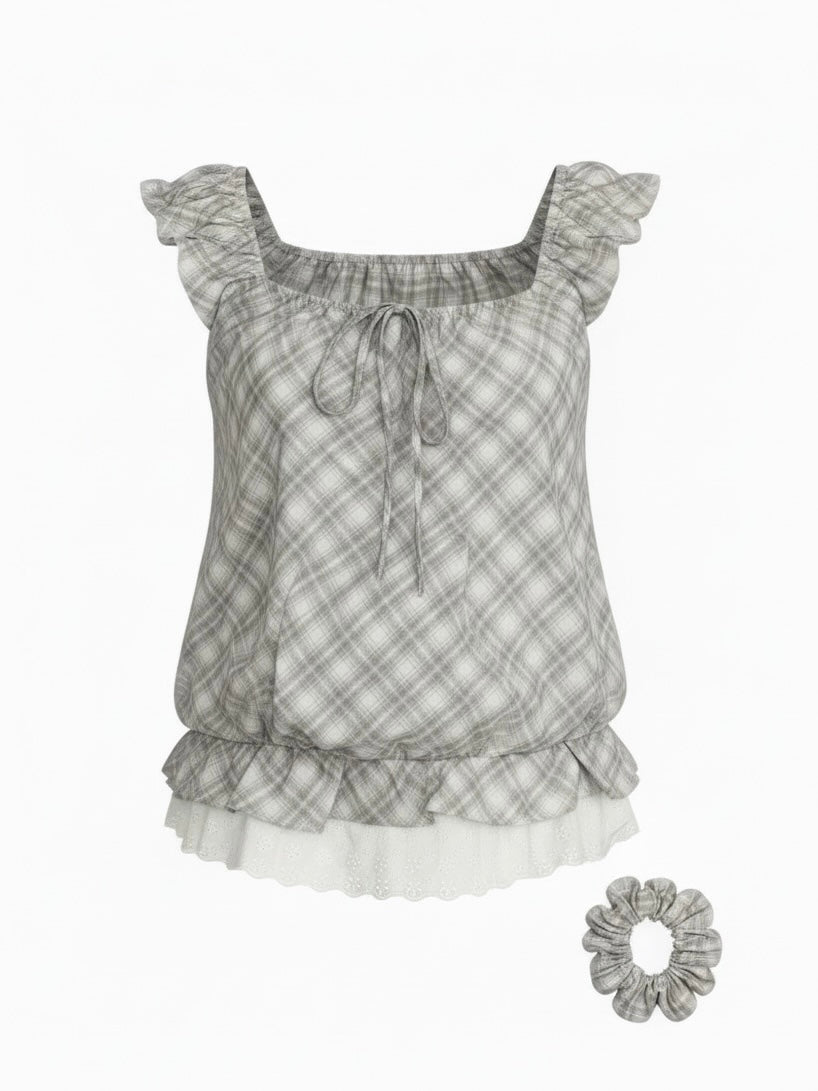 シュシュ付きチェックブラウジングブラウス