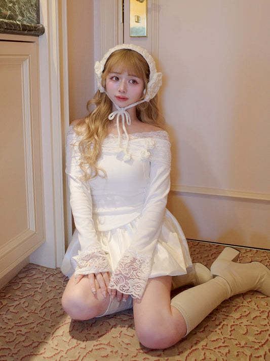 レースオフショルリブニット