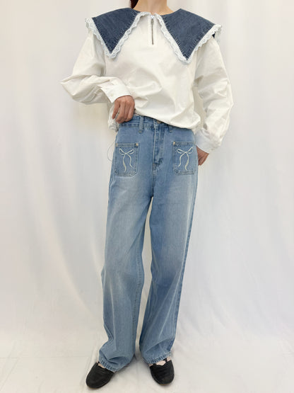 【Official限定価格】ポケットリボン刺繡入りデニムパンツ