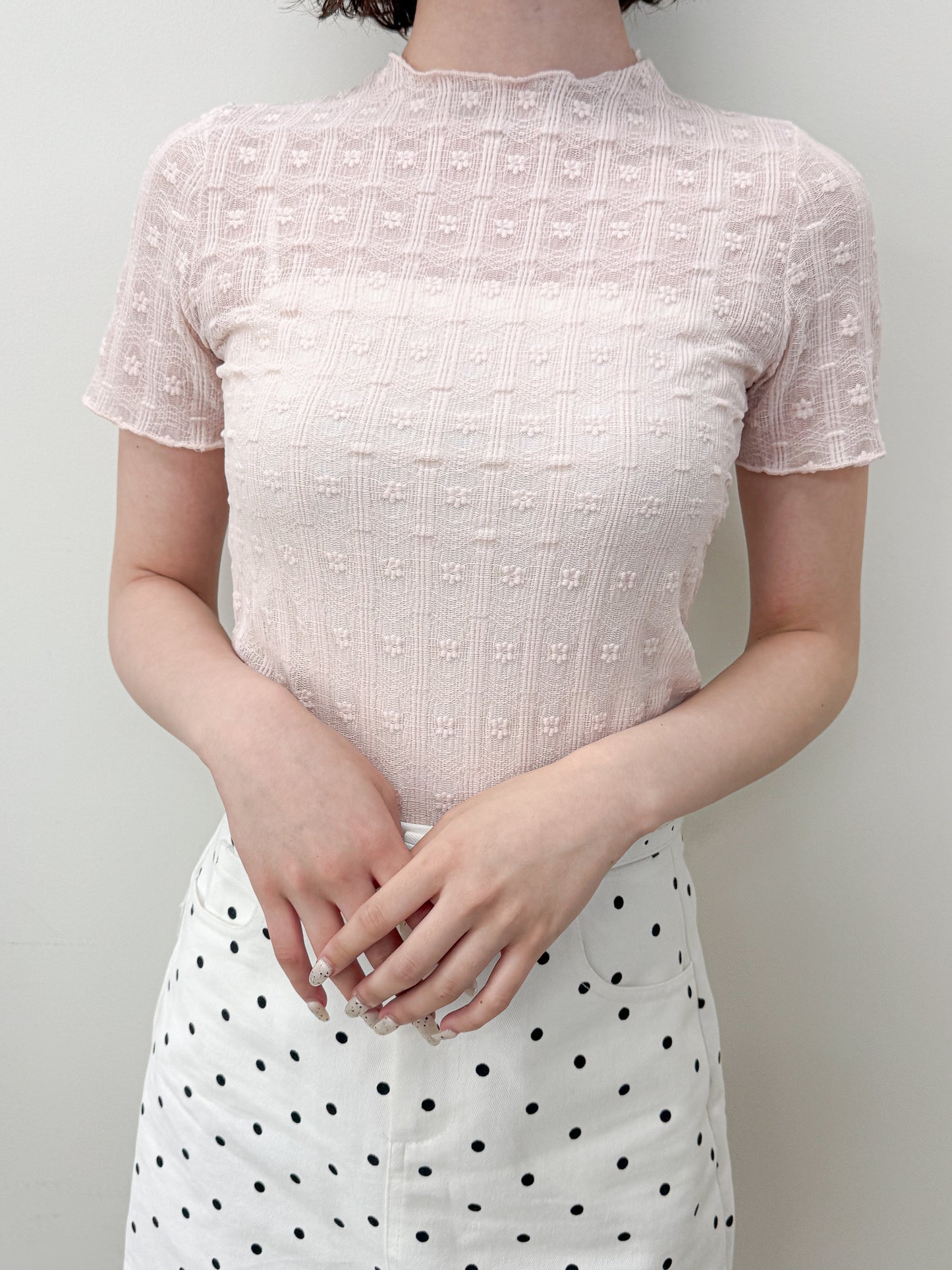 花柄シースルー半袖トップス