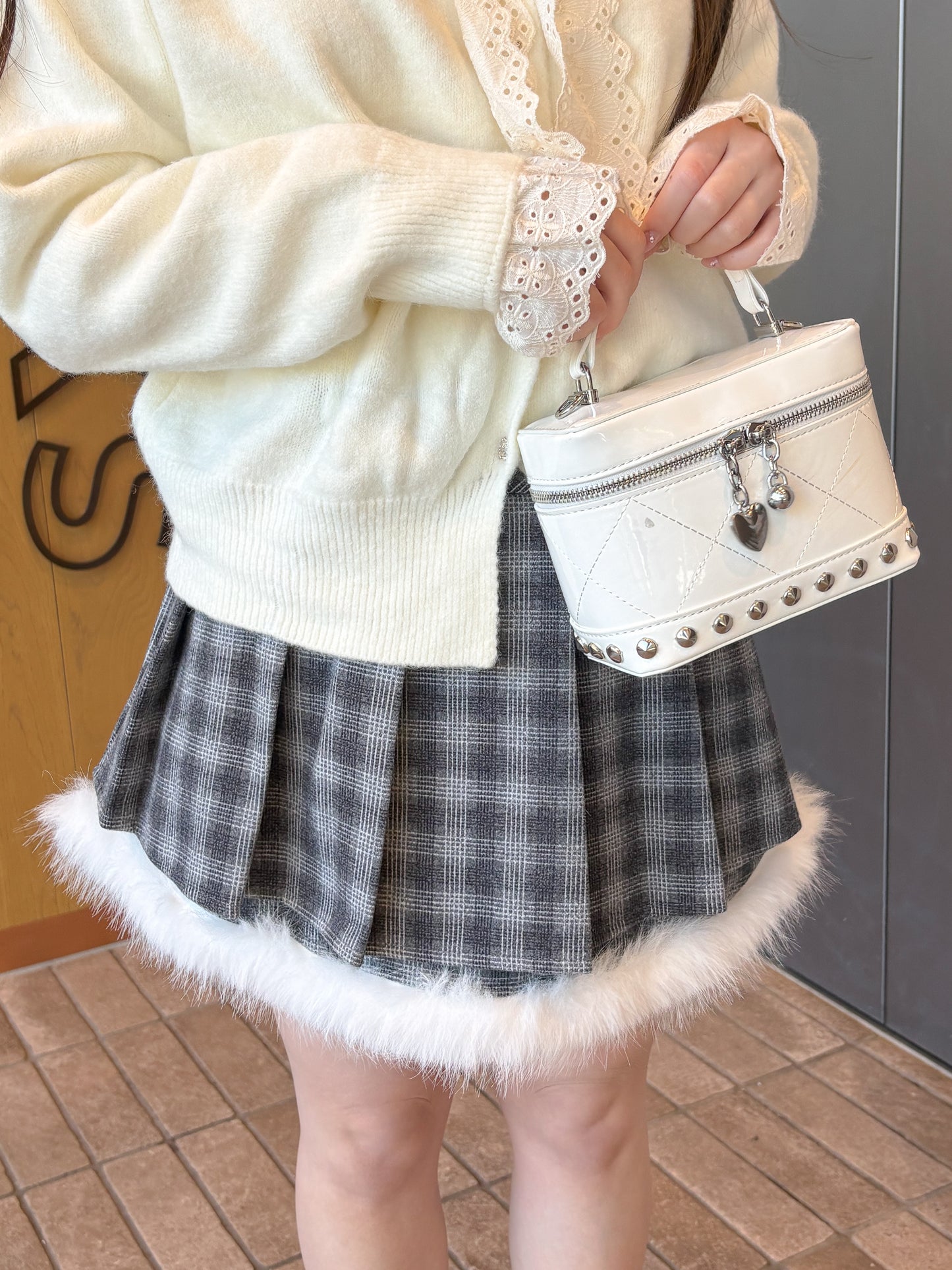 【Official限定価格】ファー付きチェックプリーツスカート