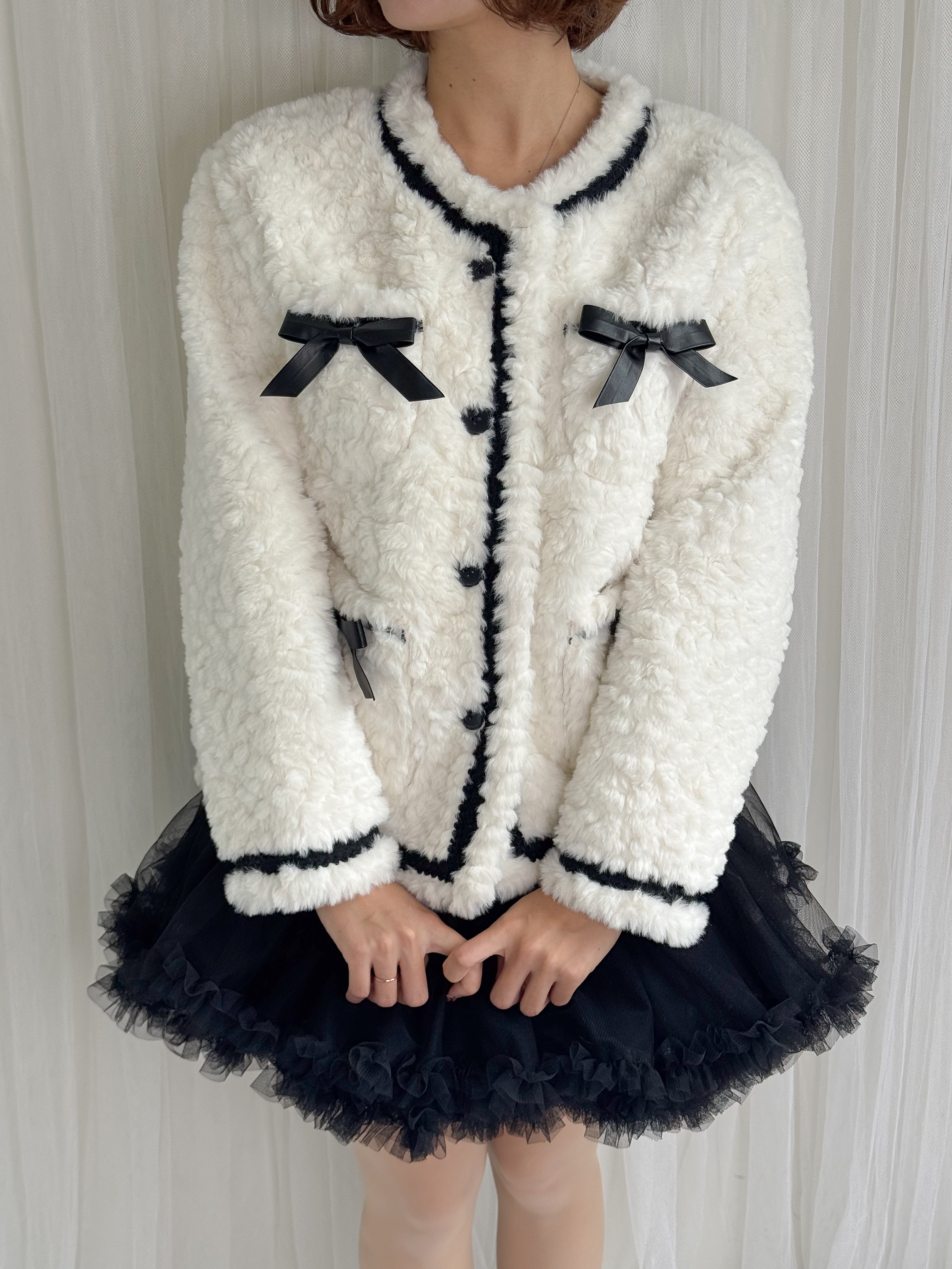 リボン付きガーリーファージャケット – frunco