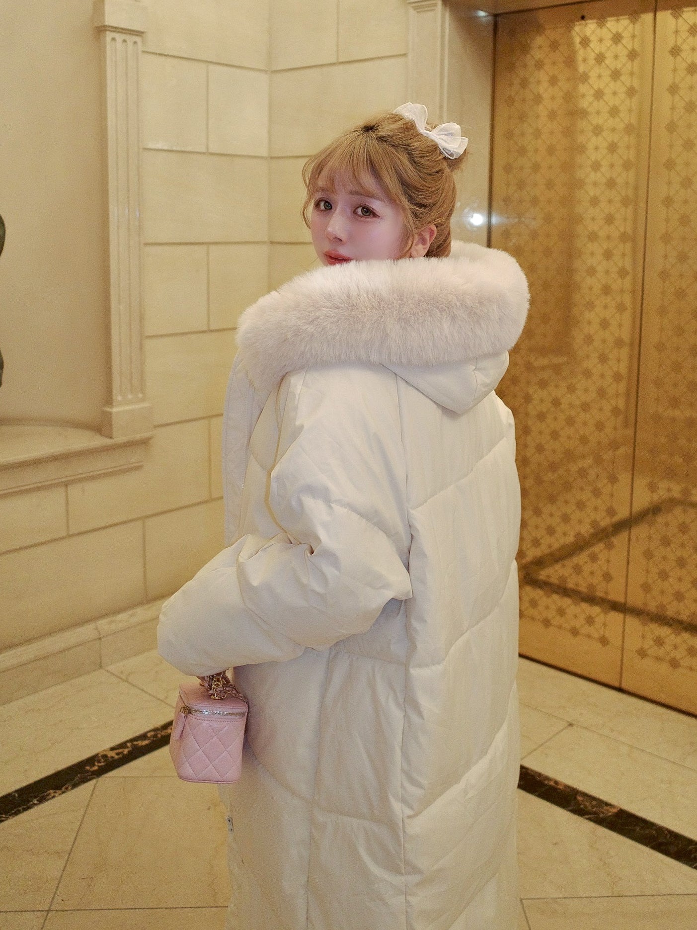 ファー付きロングパフコート