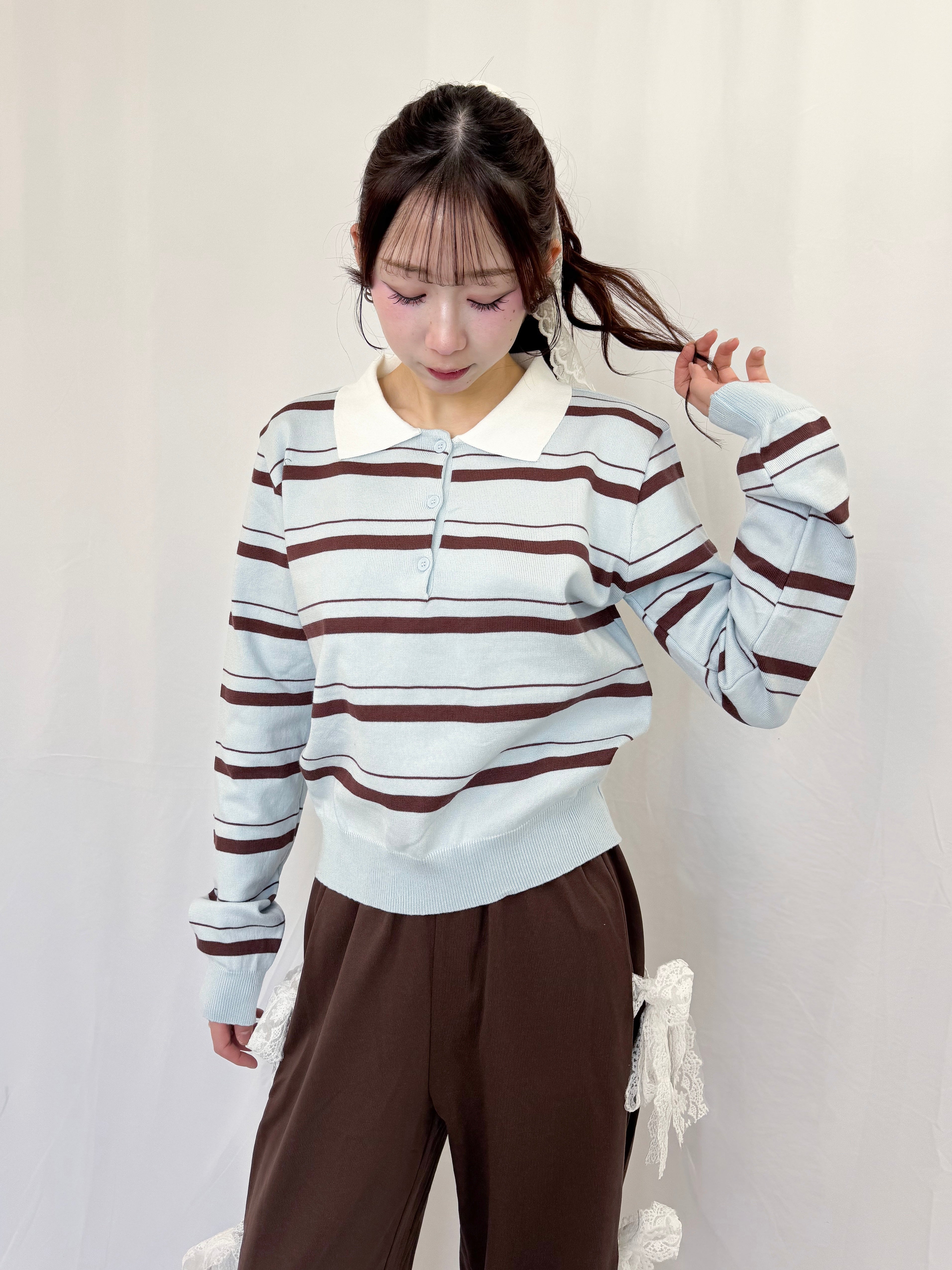 Production Garden フリル襟 Vネック ボーダー カラーニット 衿付マルチボーダーニット（ニット/セーター） | THE SHOP TK(Women