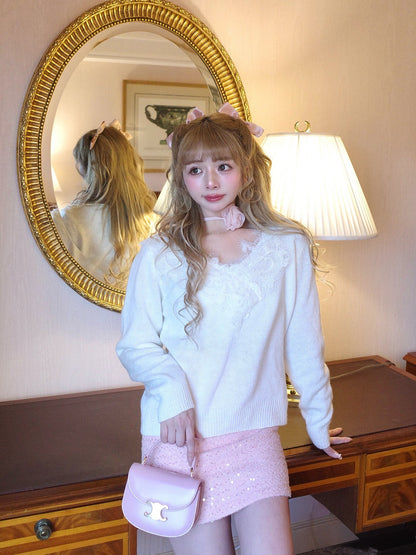 Vネックレースニット