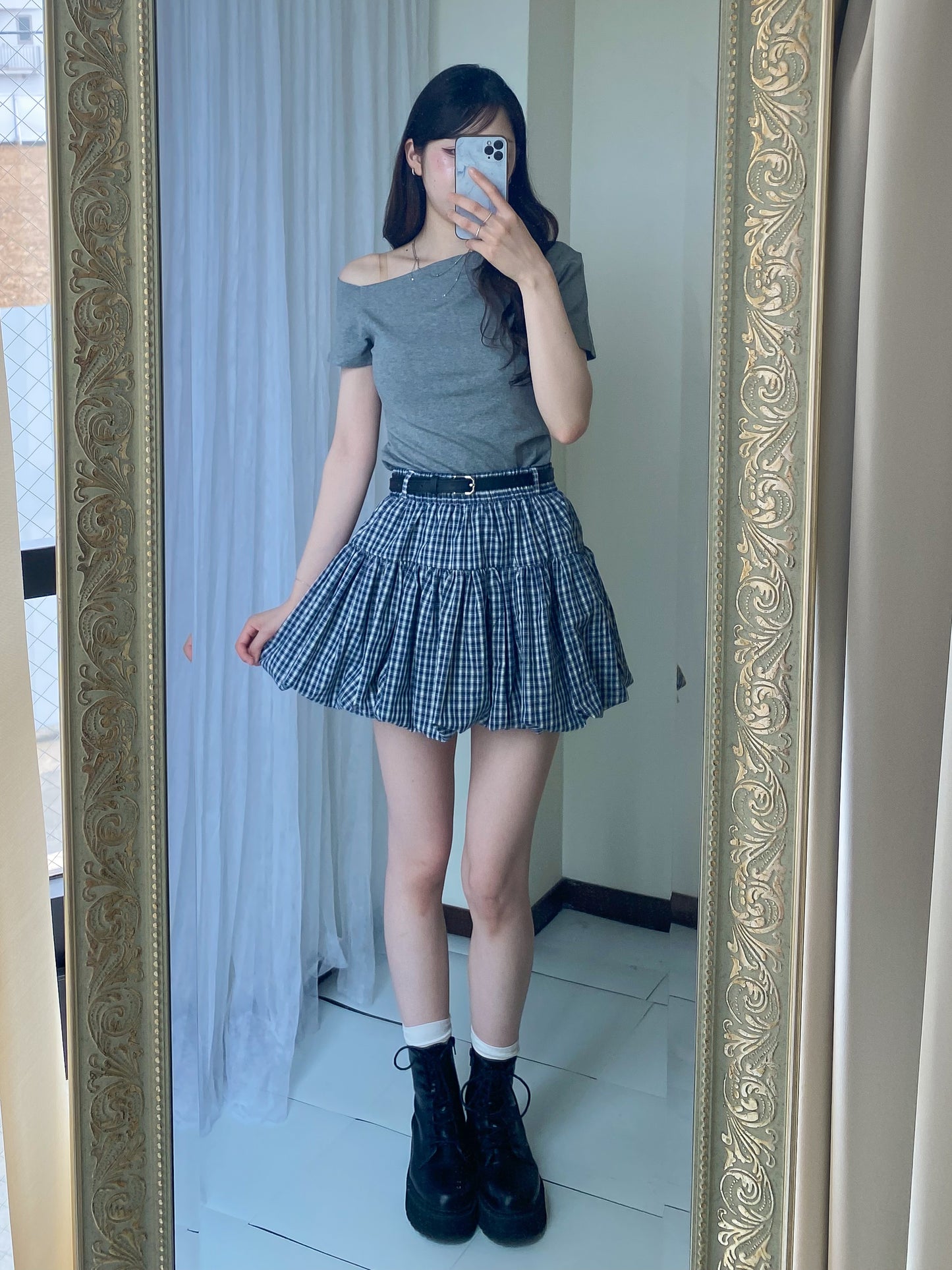【Official限定価格】ベルト付きチェックバルーンスカート