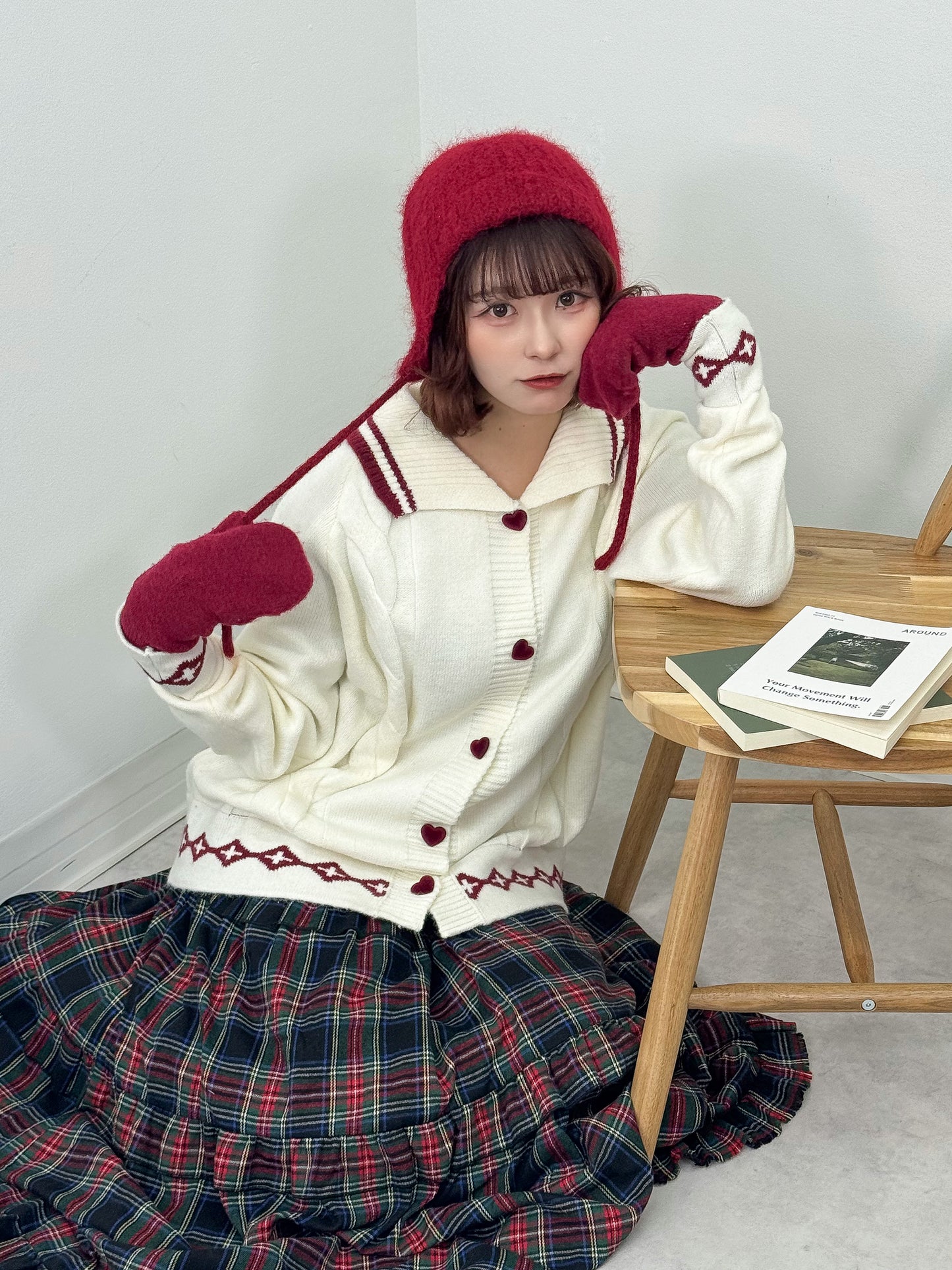 襟付きハートボタンオーバーサイズニット