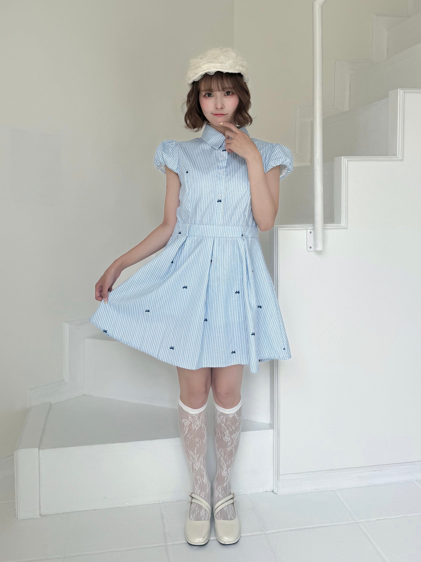 リボン×ストライプシャツワンピ