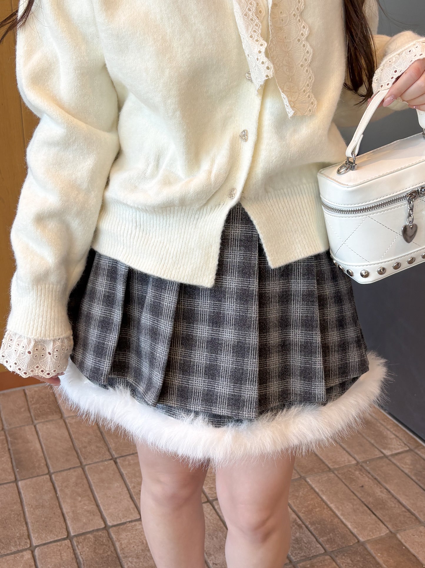 【Official限定価格】ファー付きチェックプリーツスカート