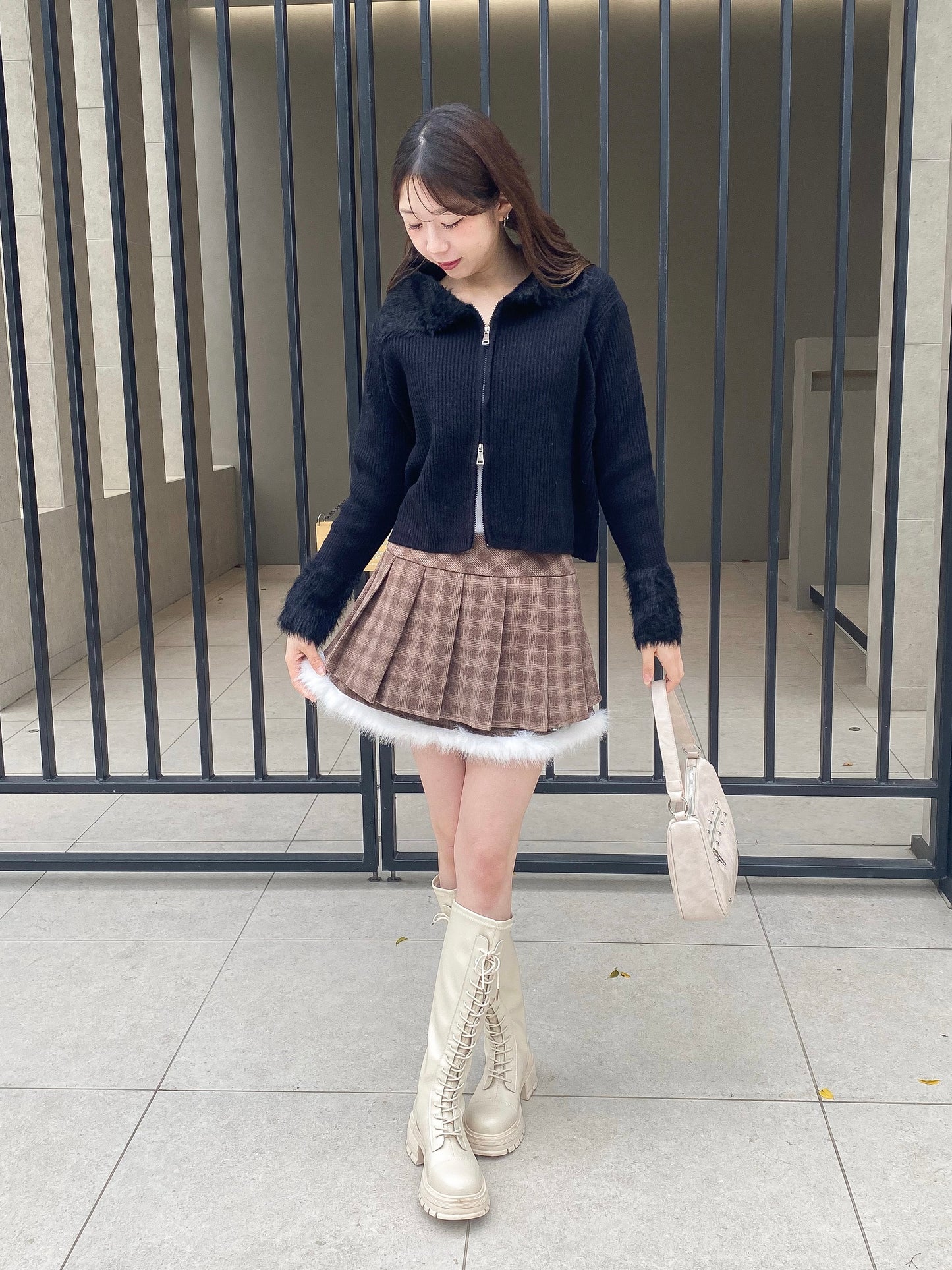 【Official限定価格】ファー付きチェックプリーツスカート