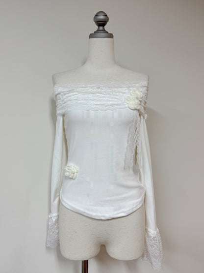 レースオフショルリブニット