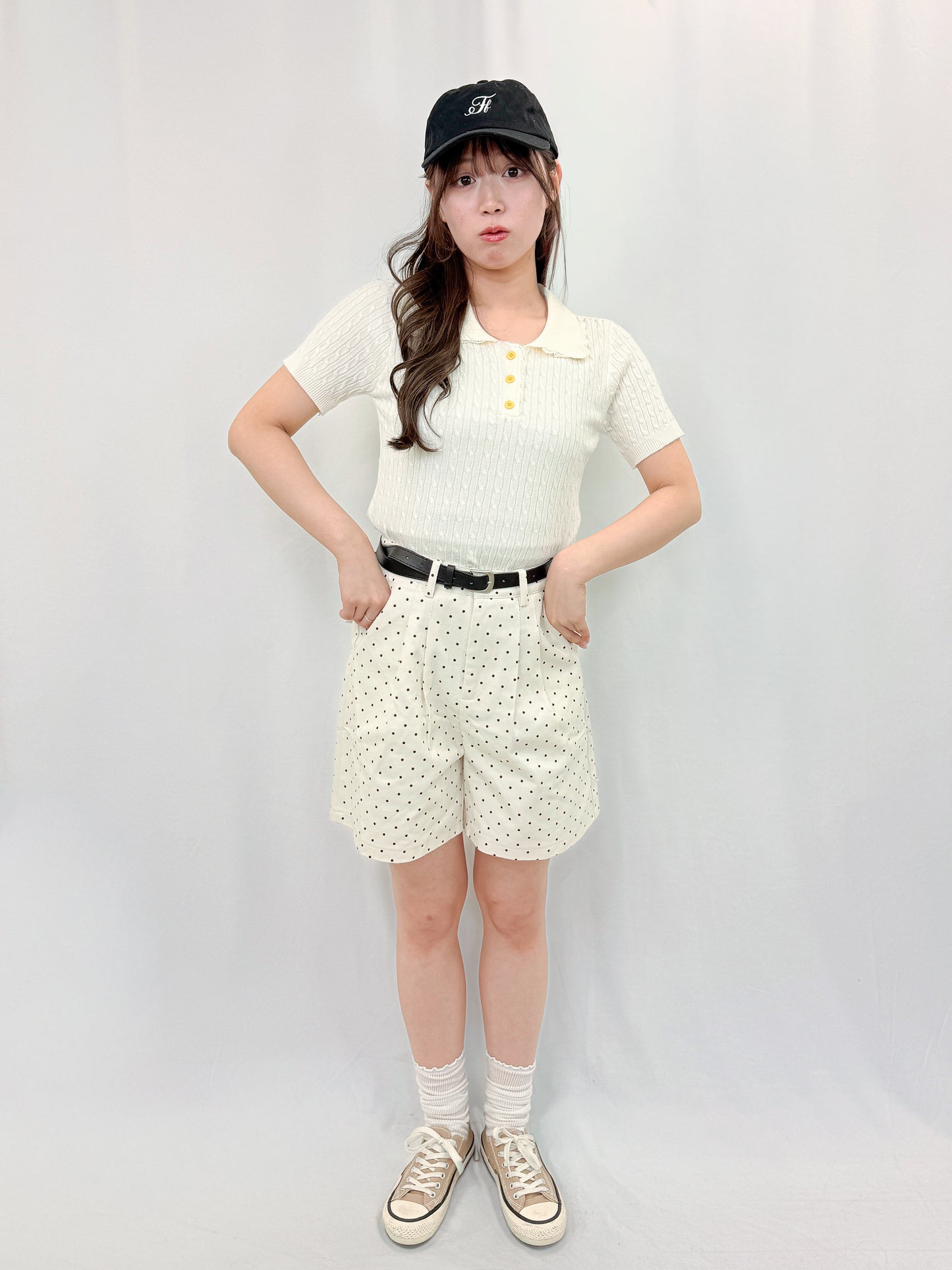 【Official限定価格】ベルト付きドットデニムハーフパンツ